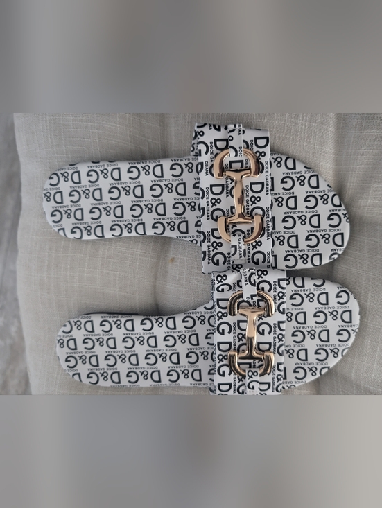 Luxury Brand Shoes - D&G White Logo Slide Sandals with Gold Buckle from Tik Tok Shop